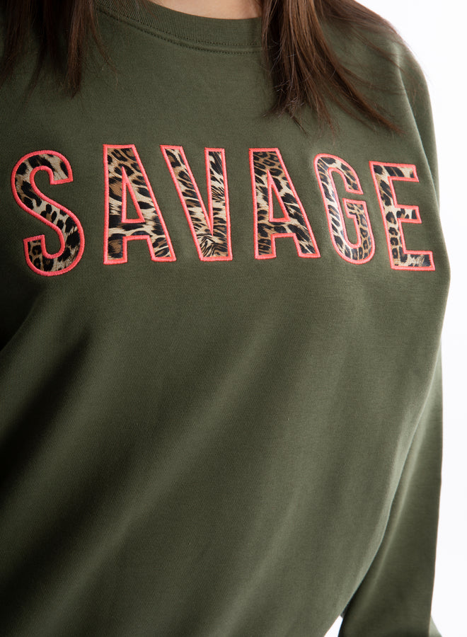 be savage, not average kaki/leopard/hot pink - sweater